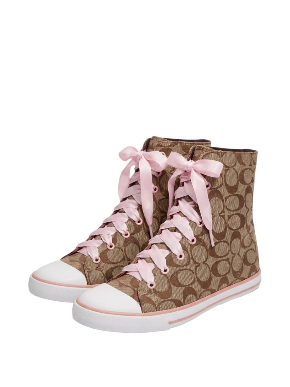 Coach Signature Canvas High-Top Sneaker in Brown with Pink Laces